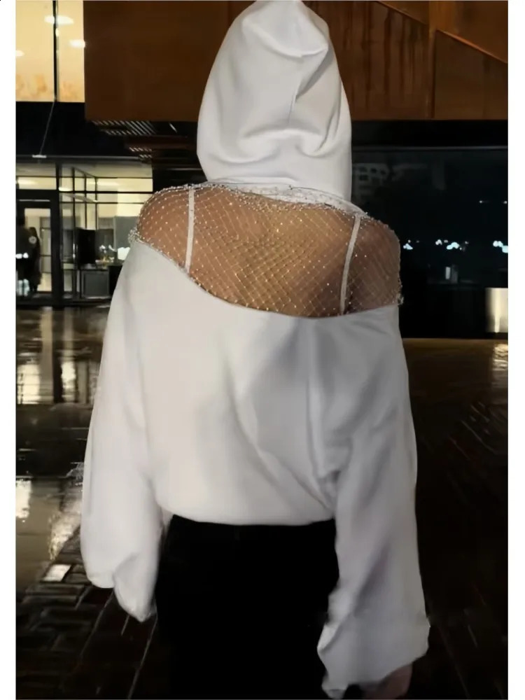 Sexy Backless Hollow Out Hoodie Women Fashion Long Sleeve Hooded Loose Tops Lady Holiday Streetwear White Black Women's Clothing 260921