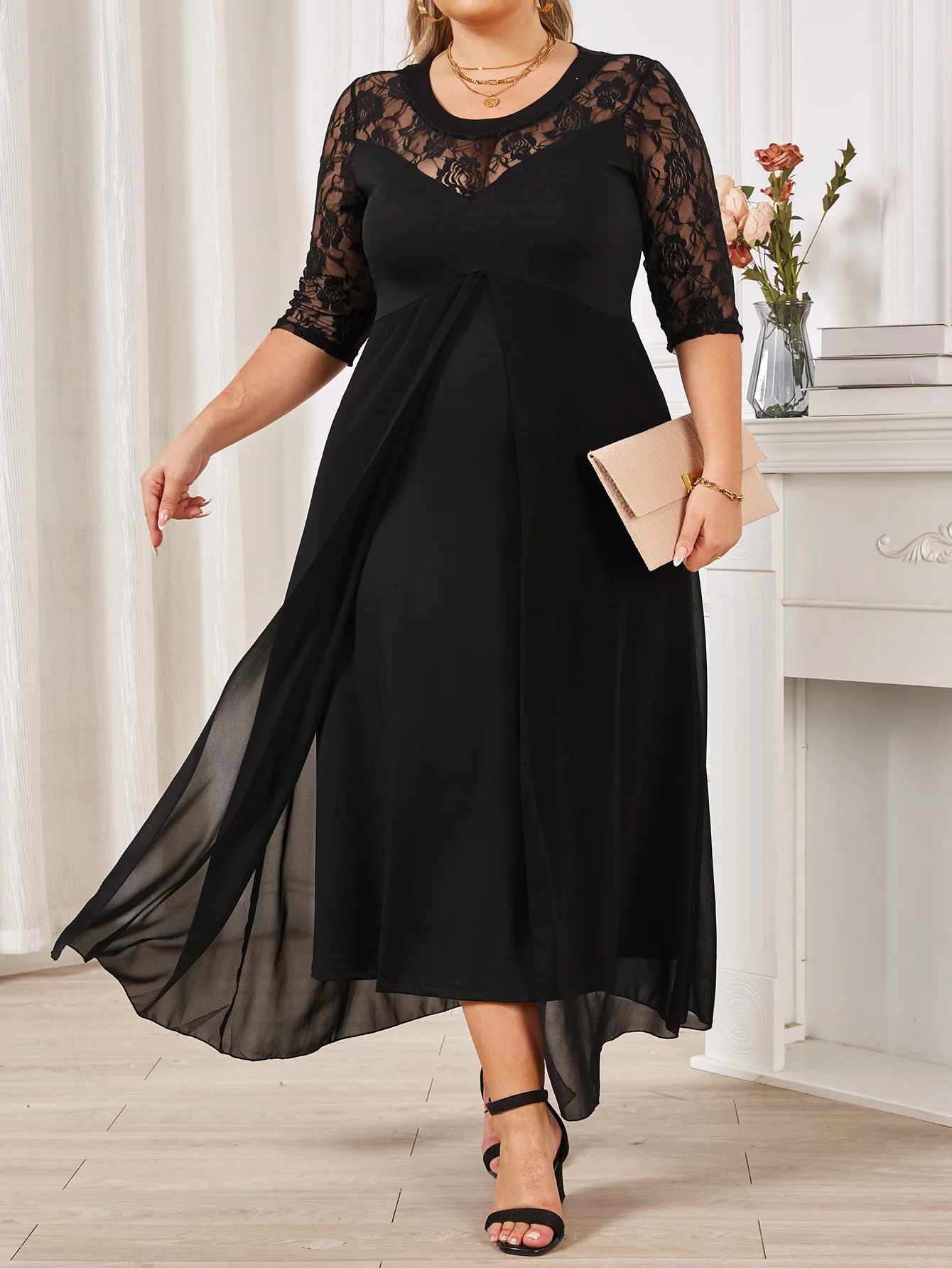 Summer Black Long Dress Female Lace Patchwork See Through Sexy Elegant and Pretty Women's Dresses Plus Size Women Clothing 260922