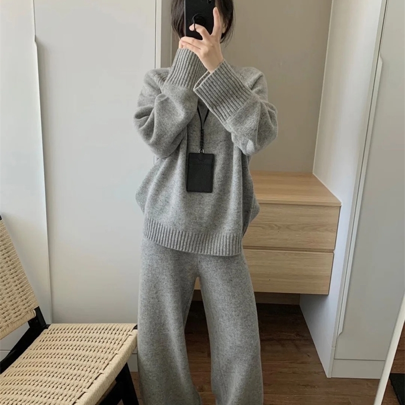 Womens 100% Merino Wool Twopiece Suit OCollar Pullover Sweater Wideleg Pants Set Autumn Winter Loose Comfortable Knitwear 260921