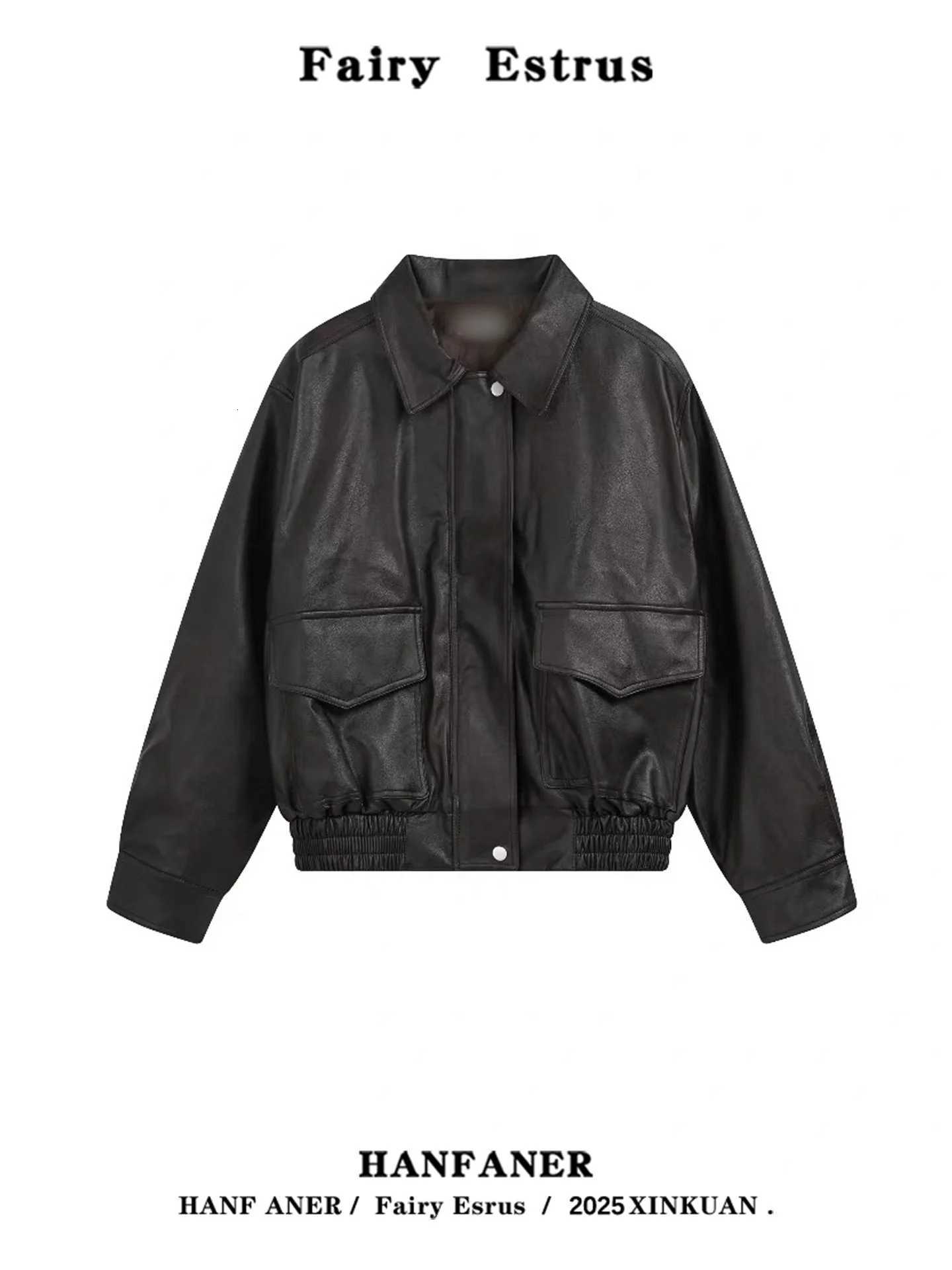 Faux Women's Leather Leather Cool Girl Motorcycle Leather Jacket Women's Black High Street Retro Top Coat Casual Style Short Outerwear for