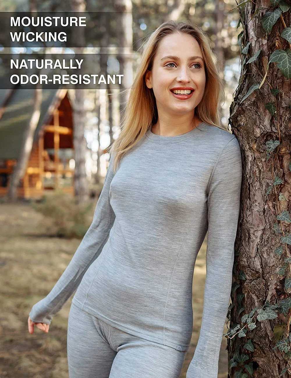 Underwear Women's Thermal 100% Merino Wool Womens Base Layer Tops Merino Wool Thermal Underwear Women 245G Merino Long Sleeve Shirts Anti-Odor