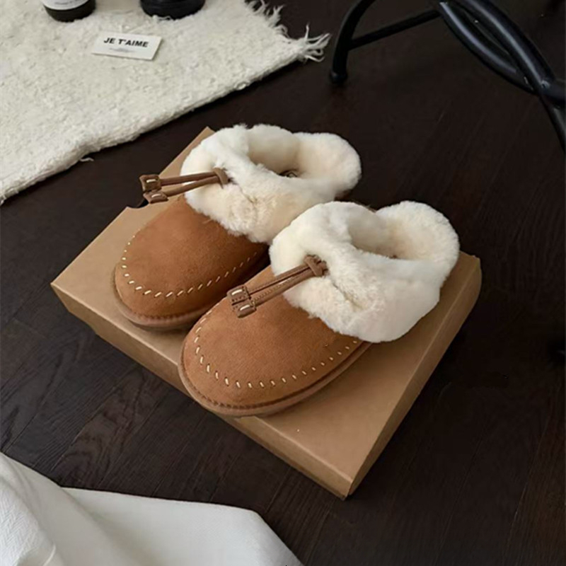 Designer Women Drawstring Boots Fluffy Wool Cuff Warm Lined Suede Winter Boots Thick Non slip Sole Casual Ankle Shoes
