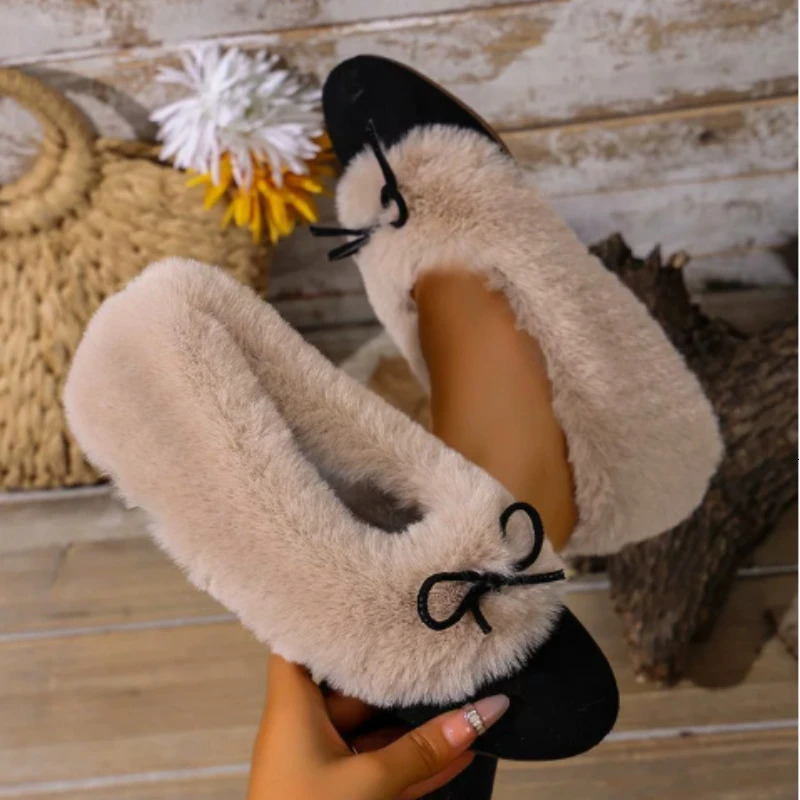 Retro Fur Shoes Round Head Bow Tie Casual Women Cotton Shoes Solid Color Slip on Soft Sole Flats Comfortable Plush Warm Shoes 260922
