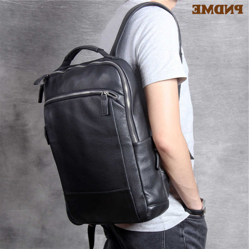 casual Backpack Style PNDME simple soft cowhide men women's backpack high quality genuine leather large capacity travel black laptop bagpack H2