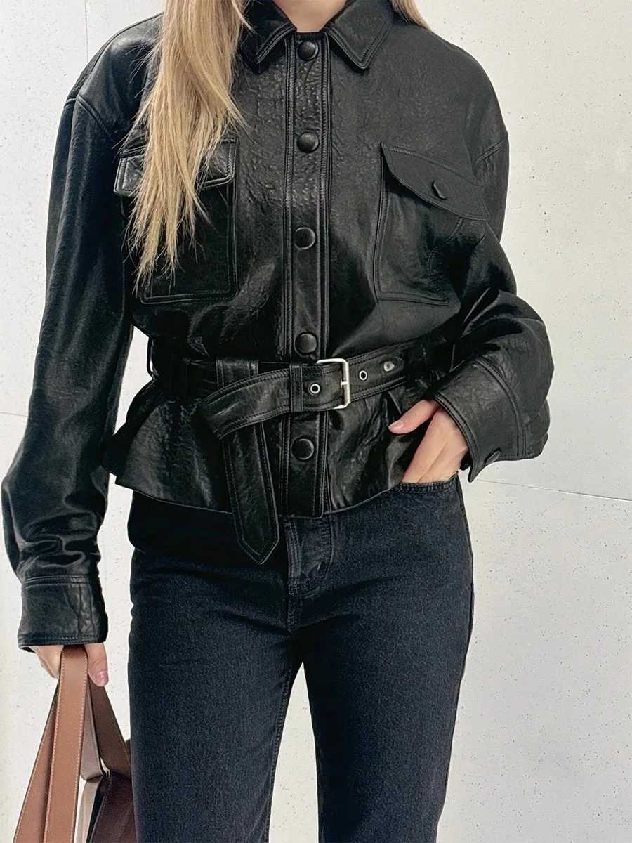 Faux Women's Leather Leather 2024 Spring Women Clothing Elegant Female Genuine Leather Coat Lapel Belt Jackets Streetwear Black Office Lady C26