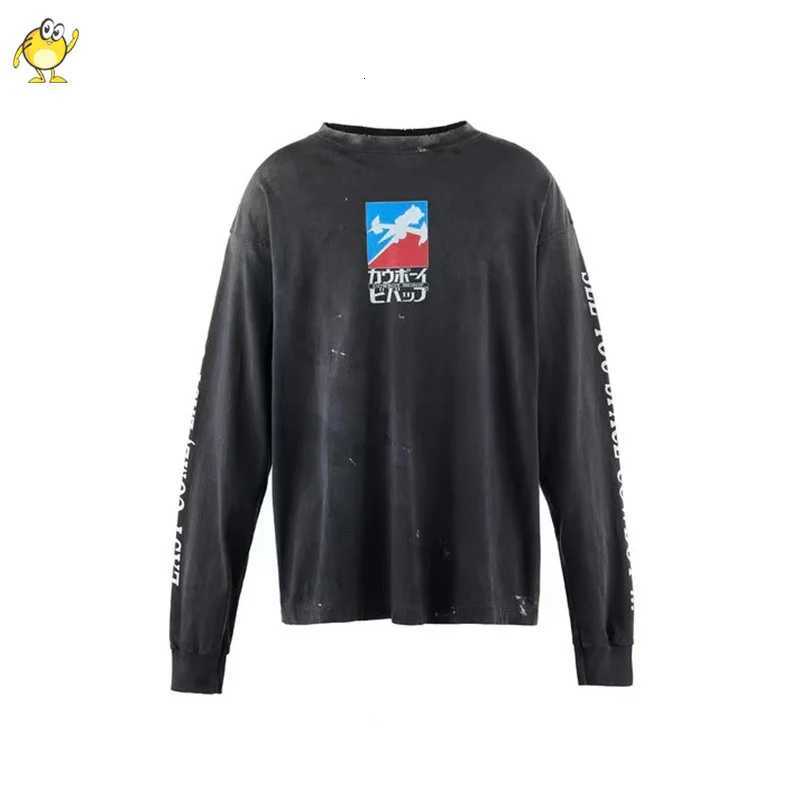 Men's Hoodies Sweatshirts High Street Washed SAINT Long Sleeve T Shirt Men Woman Best Quality Vintage Oversized Tops Tee Graffiti Damaged Casua