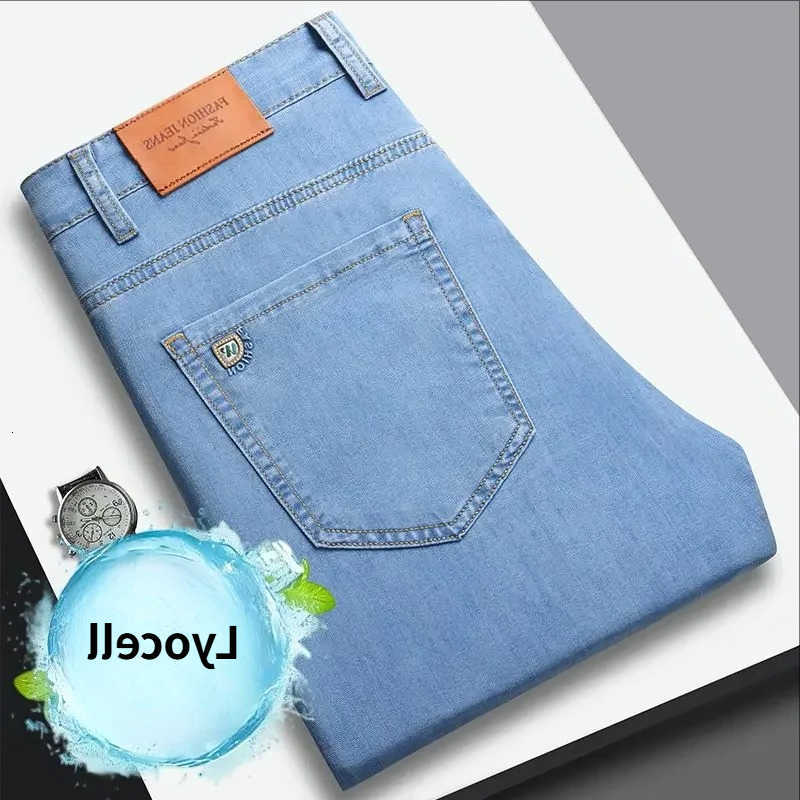 Jeans Brand Men's Clothing Summer Thin Men's Jeans Lyocell Soft Breathable Loose Straight Light Blue Denim Pants Business Casual Trouser M