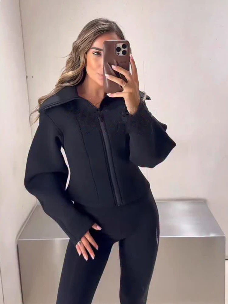 Casual Womens Waist Cinched Cropped Jackets Lapel Zipper Puff Sleeve Female Coats 2026 Spring Lady Fashion Commute Outwear 260921