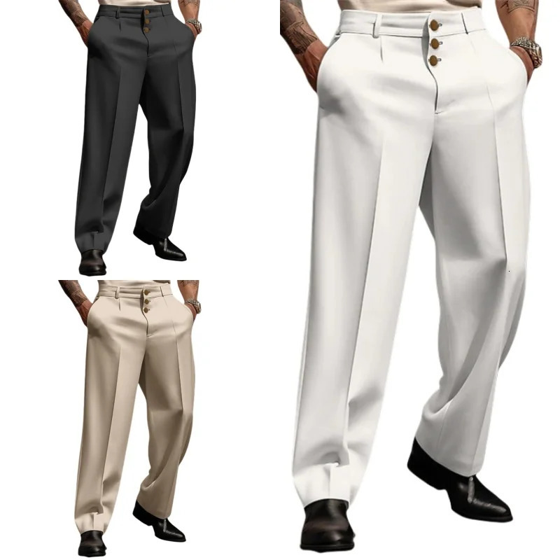 Mens Stand Pocket Elegant Wide Leg Pants Solid White Formal Party Trousers Plus Size 3xl Mens Fashion Triple Buttons Suit Pants 260922