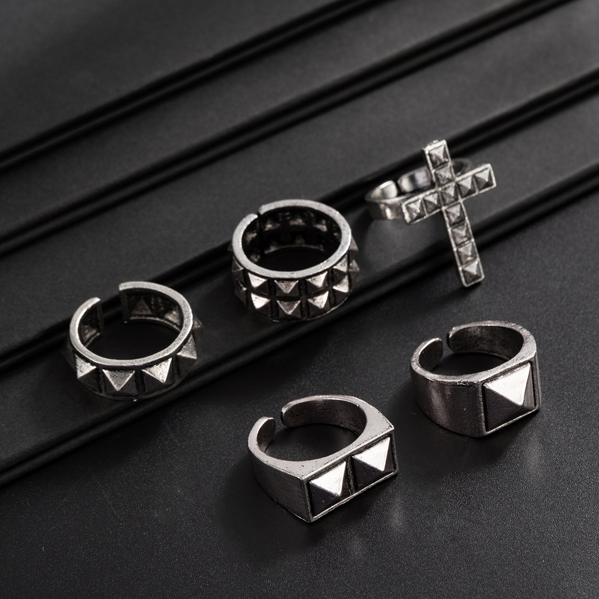European and American style silver pyramid rivet cross five-piece set, punk men's adjustable open ring