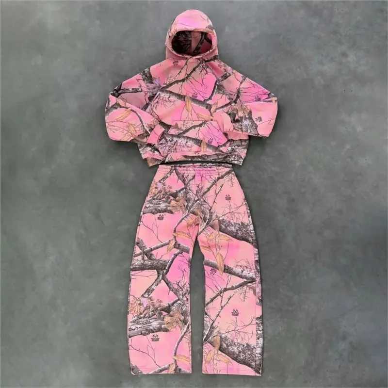 Y2K Men's Retro Tracksuits Hoodie Men Camouflage Pattern Sweatshirt High Street Hip Hop Streetwear Oversized Unisex Gothic Pink Camo Pants Wome