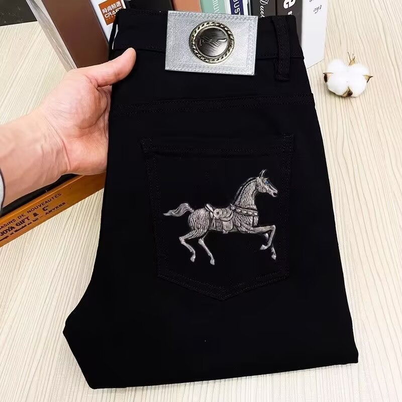 Mens Designer Jeans Luxurious High-end Horse Element Embroidery Fashionable Casual Straight Leg Pants High-quality Cotton Elastic Slim Fit Winter Me