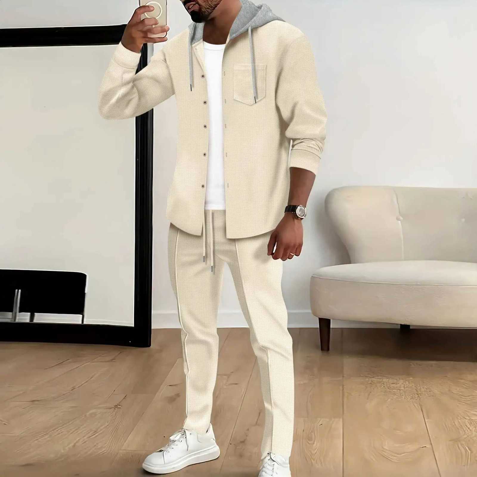 and Spring Men's Tracksuits Autumn New Waffle Men's Casual Slim-Fit Hooded Long-Sleeved Cardigan Matching Color Fashion High Quality Track