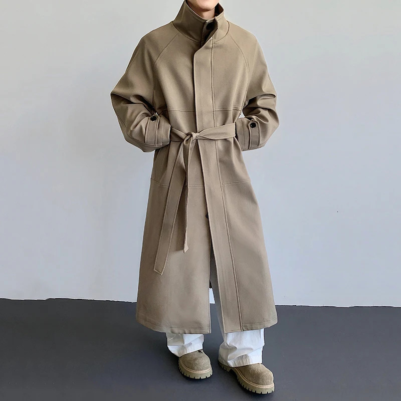 PFHQ Autumn Mens MidLength Trench Coat Korean Style OvertheKnee Long Sleeve Laceup Stand Collar Windbreaker 21E7663 260922
