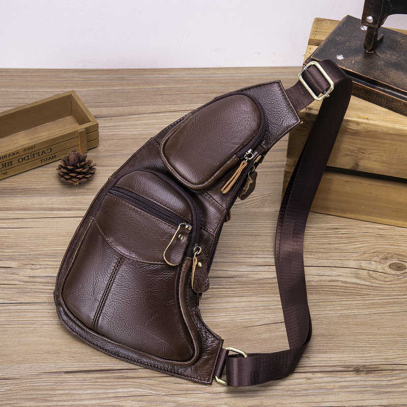 Genuine Men's Cross Leather Body Crossbody Chest Bag Vintage Style Multi-Pocket Large Capacity Crescent Shape Outdoor Travel Sling Bag H260922