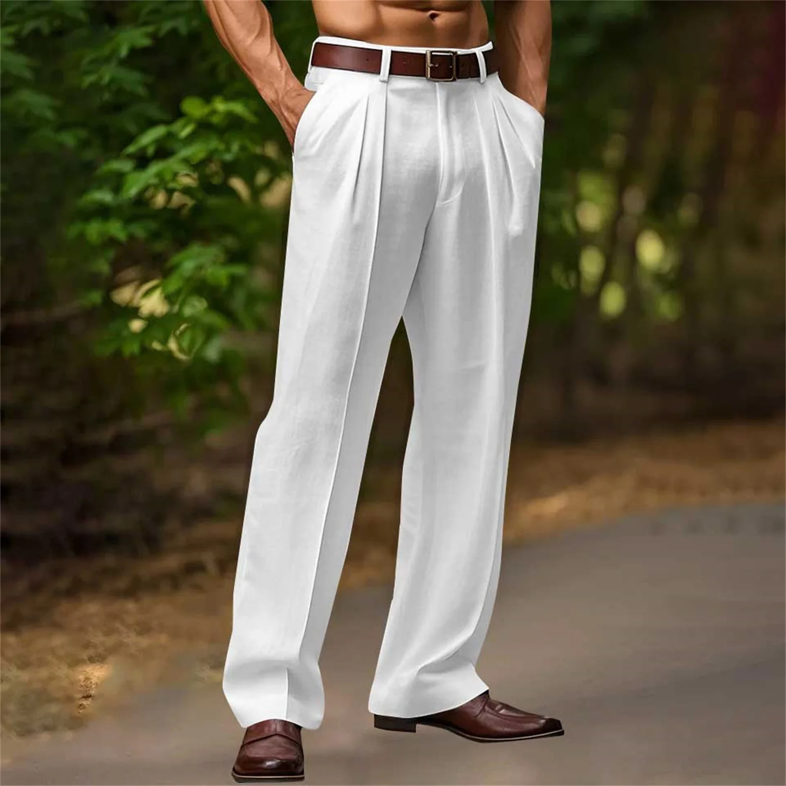 Men's Double Fold Cotton Linen Pants Solid Color Loose Straight Leg Trousers Breathable Business Casual Outdoor Daily Male Pants 260922