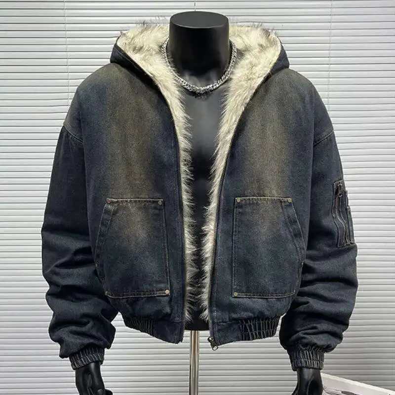 Men's Men's FEWQ Down Parkas Padded Jackets New Fashion Denim Fleece Hooded Worn-out Zipper Patchwork Loose Winter Male Clothing Stylish 2