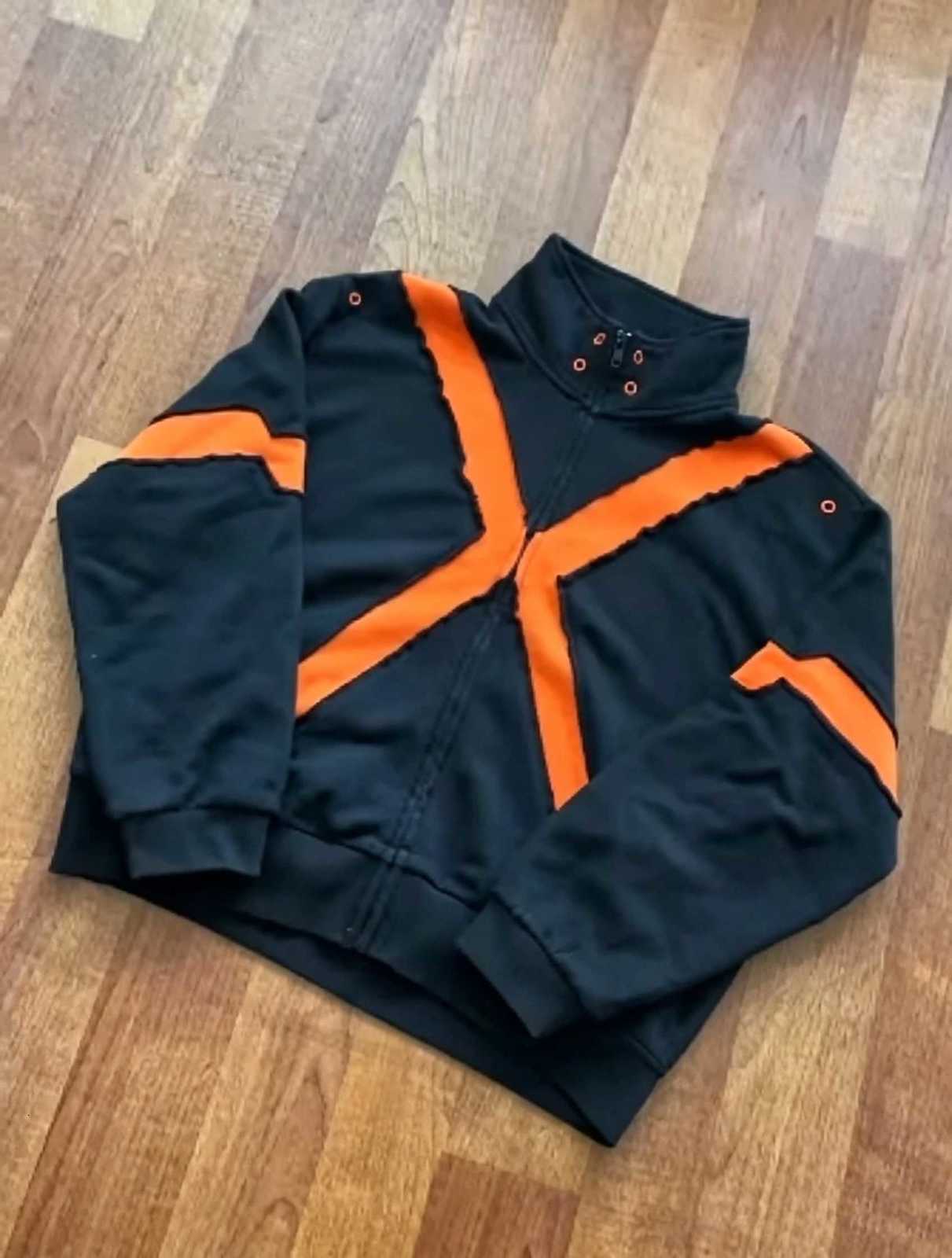 Women's Jackets Vintage Black Orange X Stripe Zip Up Jacket Gothic Streetwear Stand Collar Loose Sweatshirt Jacket Y2K Hip Hop Casual Outerwear
