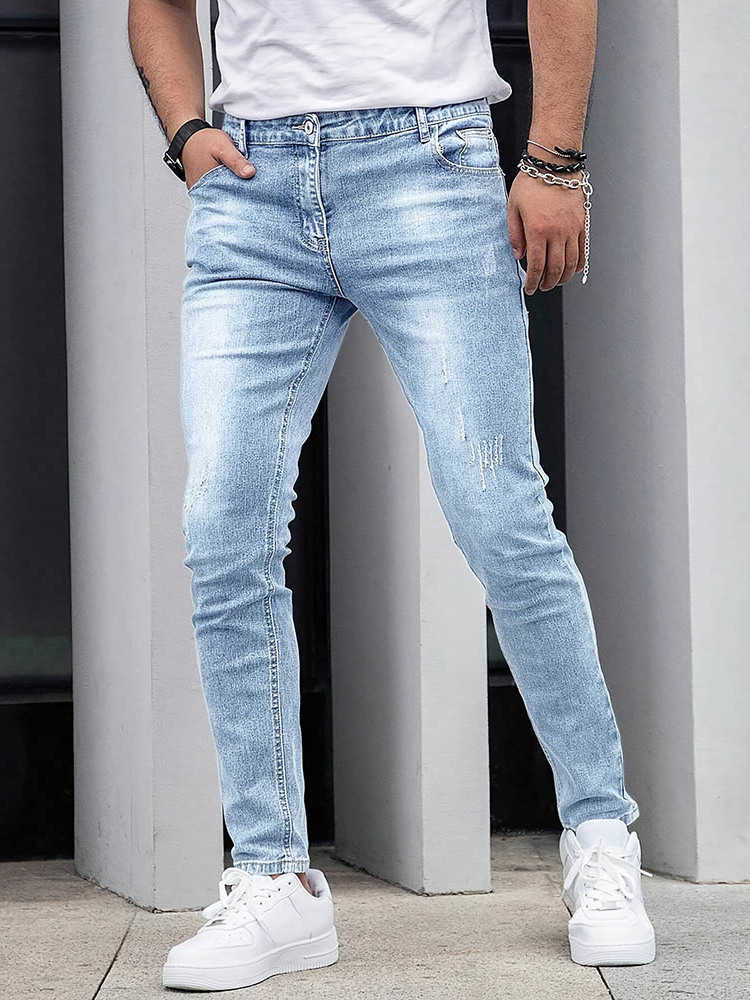 2025 Men's Jeans Men's Slim Four-Season Washed Fashion Jeans Stretch Slim Fit Light Blue Gray Black Casual Denim Pants T260922