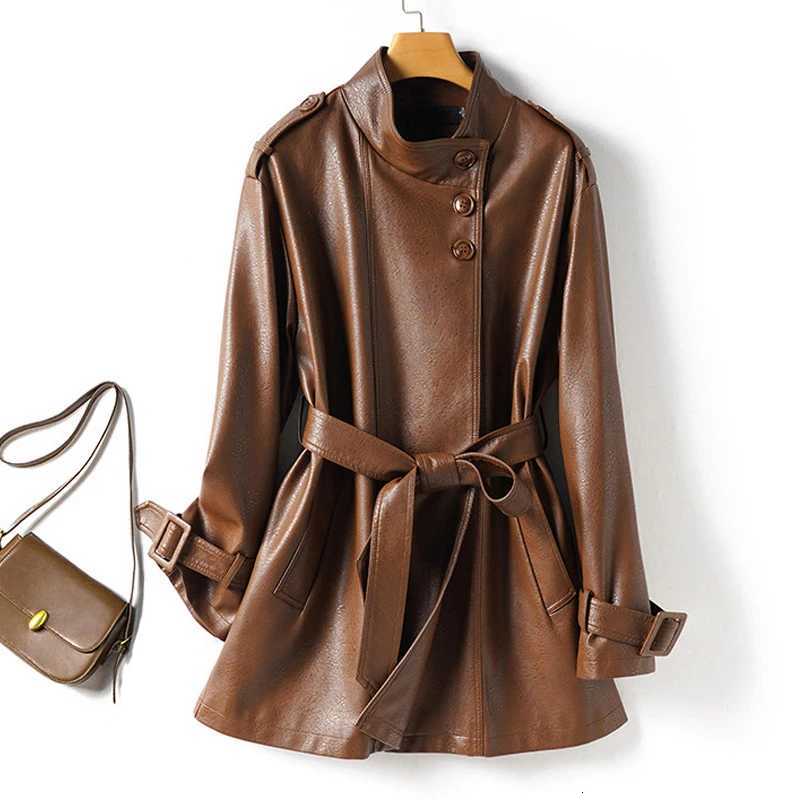 Sheepskin Short Casual Trench Coats for Women 2026 Spring Fall Chic Female Stand-up Collar Belt Split Sheep Leather Jacket Coats C260921