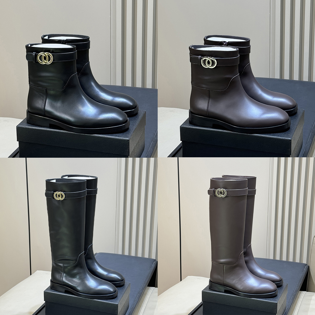 Bottes de créateur Femmes Bottes d'équitation en cuir Double anneau Boucle Sangle Décor Bout rond Talon bloc bas Fermeture éclair latérale Chevil