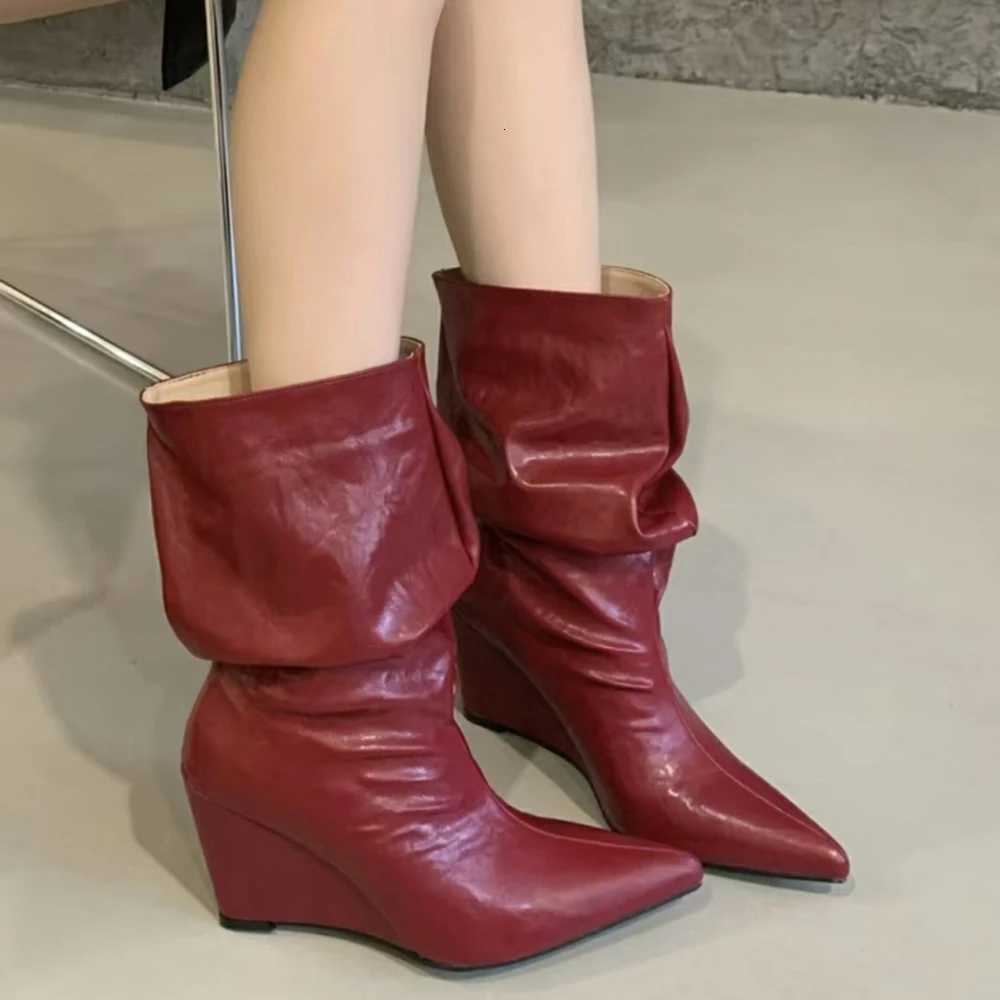 Designer Slouch Boots Wedge Women Boots Pointed Toe Pleated Shaft Faux Suede PU Leather Pull On Autumn Winter Ladies Ankle Mid Calf Boots Shoes J260