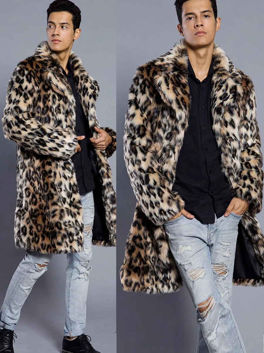 Autumn Winter Men's Faux Fur Large Lapel Fur Long Men's Faux Fur Jacket Men's Overcoat Mens Clothing Leopard Thick Coat 260922