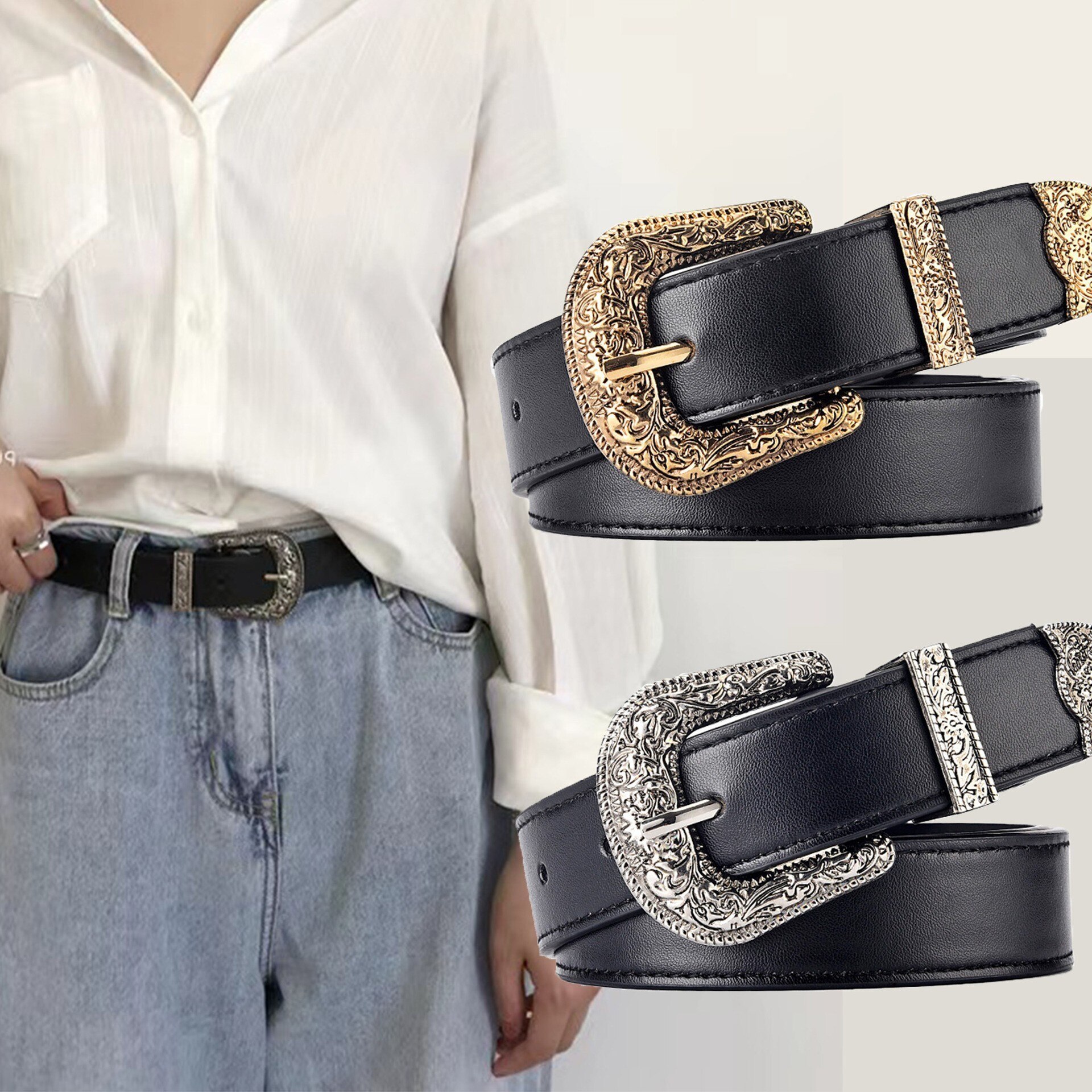 Women's Vintage Carved Needle Buckle Men's Punk Hip Hop Rock Style Jeans Y2k PU Leather Cheap Belt