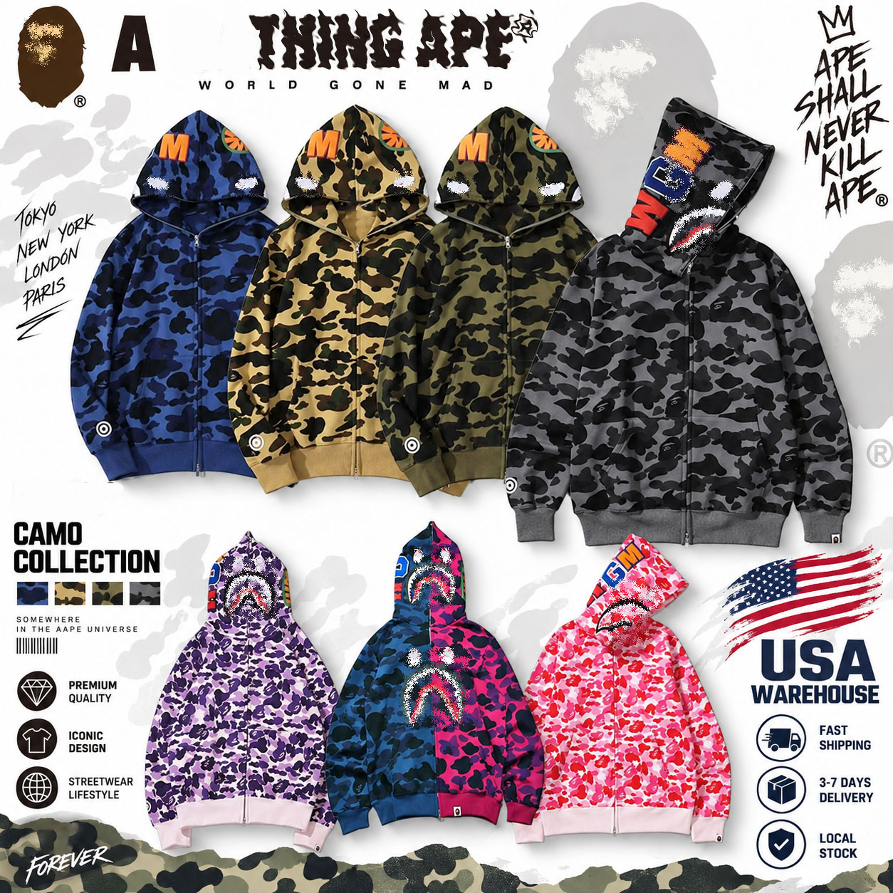 BA Shark Hoodies Mens Designer Hoodies Baphoodie Jacket Full Zip Up Cartoon Jackets Men Women Hoodie High Quality Hip Hop Y2k Camouflage Pattern Hoo