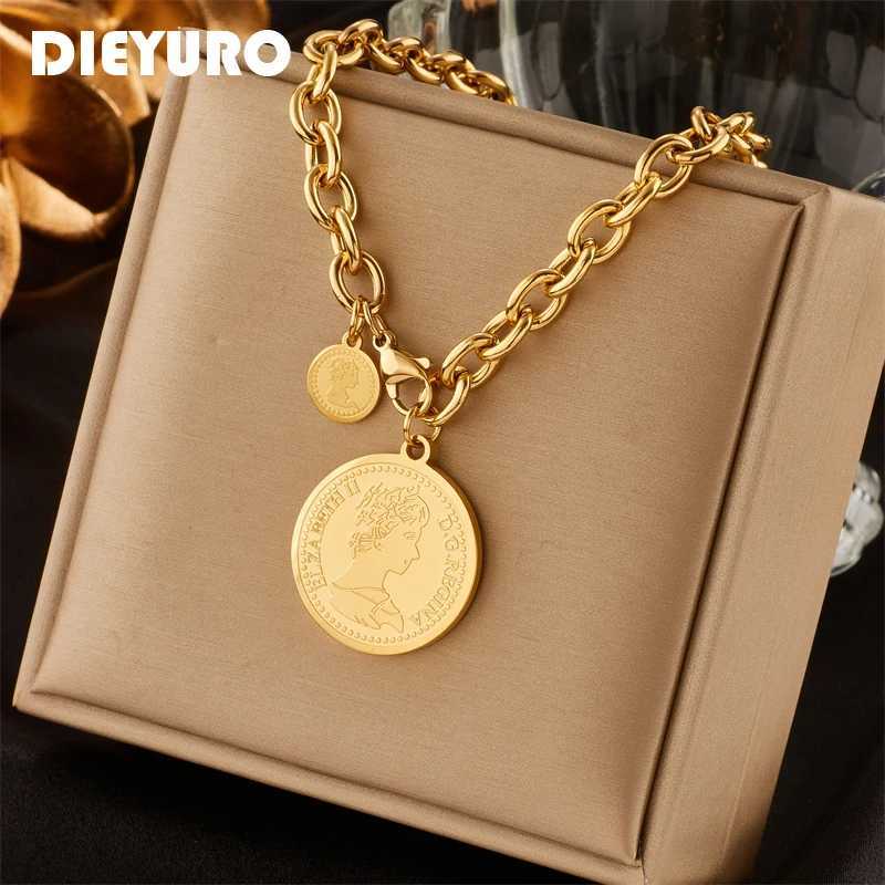 Pendant Necklaces DIEYURO 316L Stainless Steel Gold Color Hip Hop Round Portrait Coin Necklace For Women Men Fashion Trend Girl Jewelry Gift Joyas X