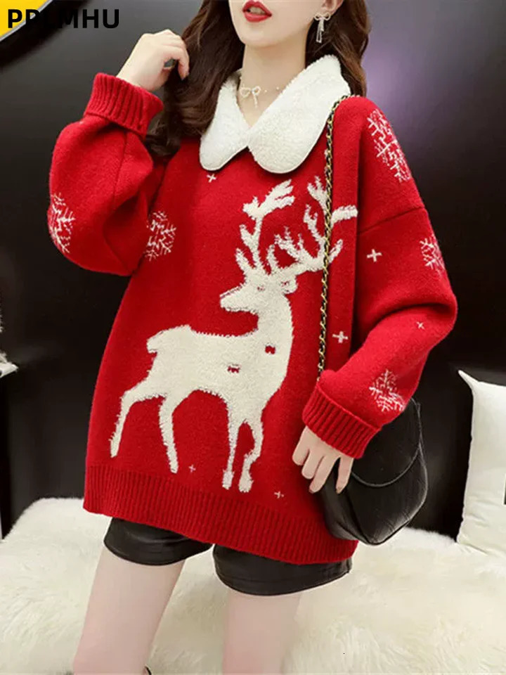 Red Christmas Knitted Sweater Loose Women's Casual Vintage Baggy Jumpers Fashion Lapel Soft Warm Fashion Knitwear Pullovers 260922