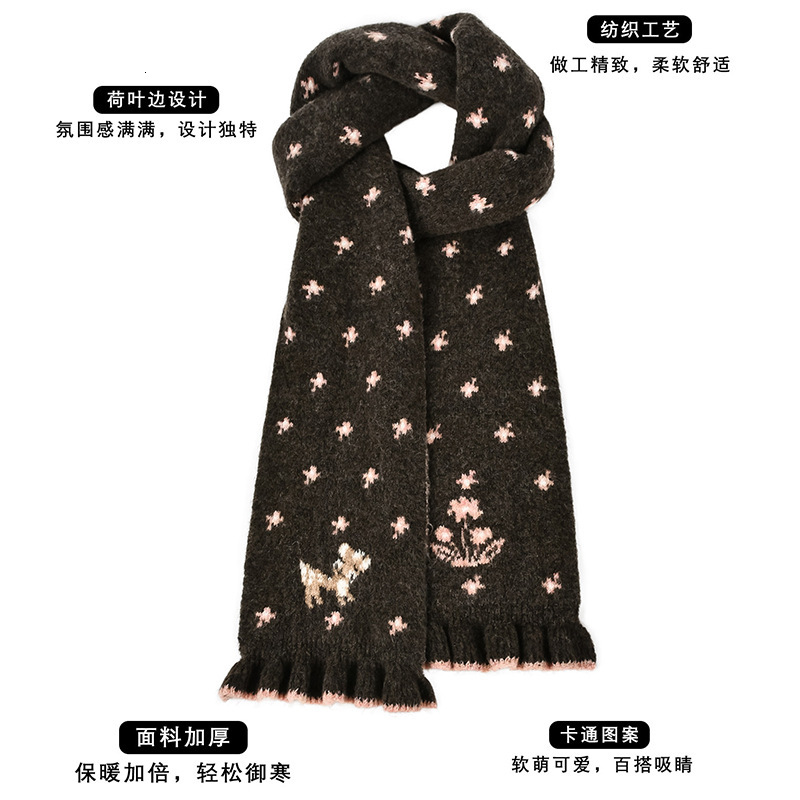 Korean-style cute cartoon deer jacquard knitted scarf for women, autumn winter design with ruffled edges, sweet and charming