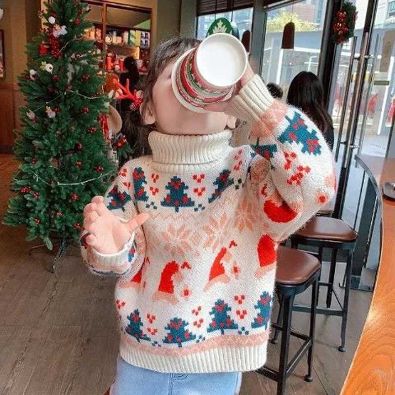 2023 Girls Sweater Pullover Christmas Autumn Winter Cartoon Snowman Pattern High Collar Thicken Keep Warm Knitwear For 2-7 Years Old Kids C260921