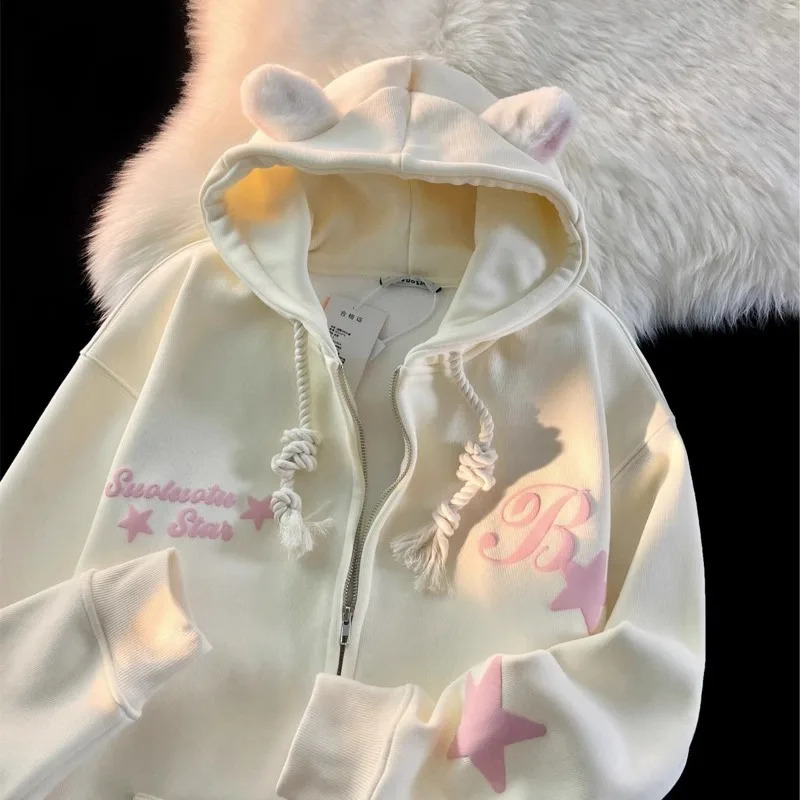 Women Men Plush Ear Hooded Zip Up Sweatshirt Star Letter Print Oversized Lazy Chic Outerwear Autumn Winter 260921