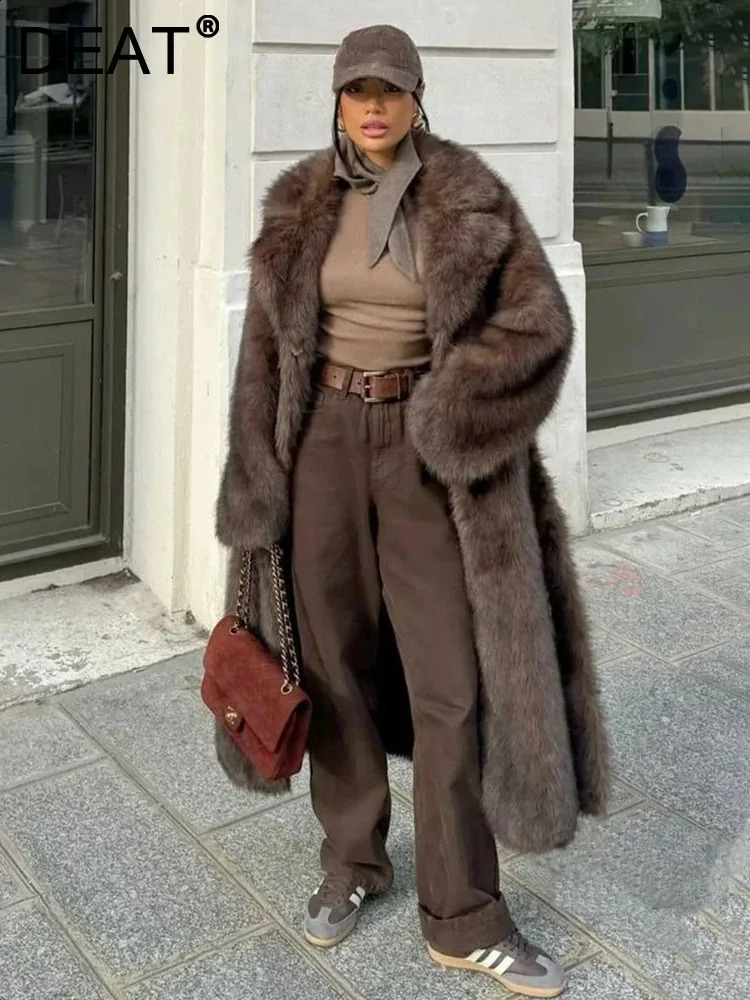 DEAT Fashion Brown Faux Fur Coat Womens Lapel Loose Plush Thick Of Fox Overcoat Winter 7A1456 260922
