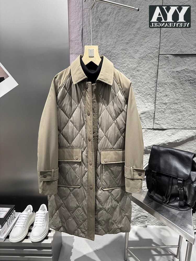 Down Parkas Mens Winter Men's Down Coat Patchwork Medium Length Casual Overcoat Single Breasted Turndown Collar Harajuku Outerwear Men Long Jac
