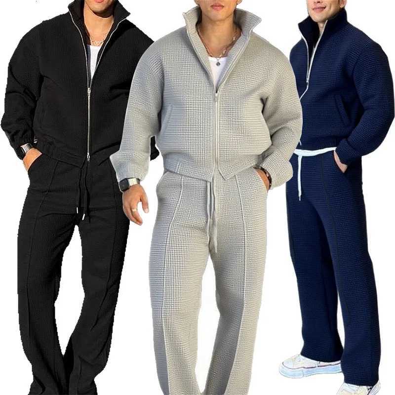Men's Men's Tracksuits Fall Fashionable Sporty Casual Suit - High-Quality Stand-Up Collar Solid-Color Pullover with Zipper Drawstring Pant
