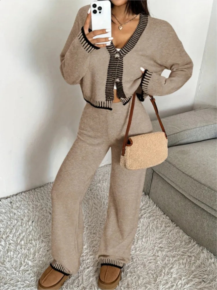Solid Color Knitted 2 Pieces Set Womans Ashion Vneck Singlerow Buckle Short Cardigan Long Pant Suit Autumn Winter Lady Outfit 260921