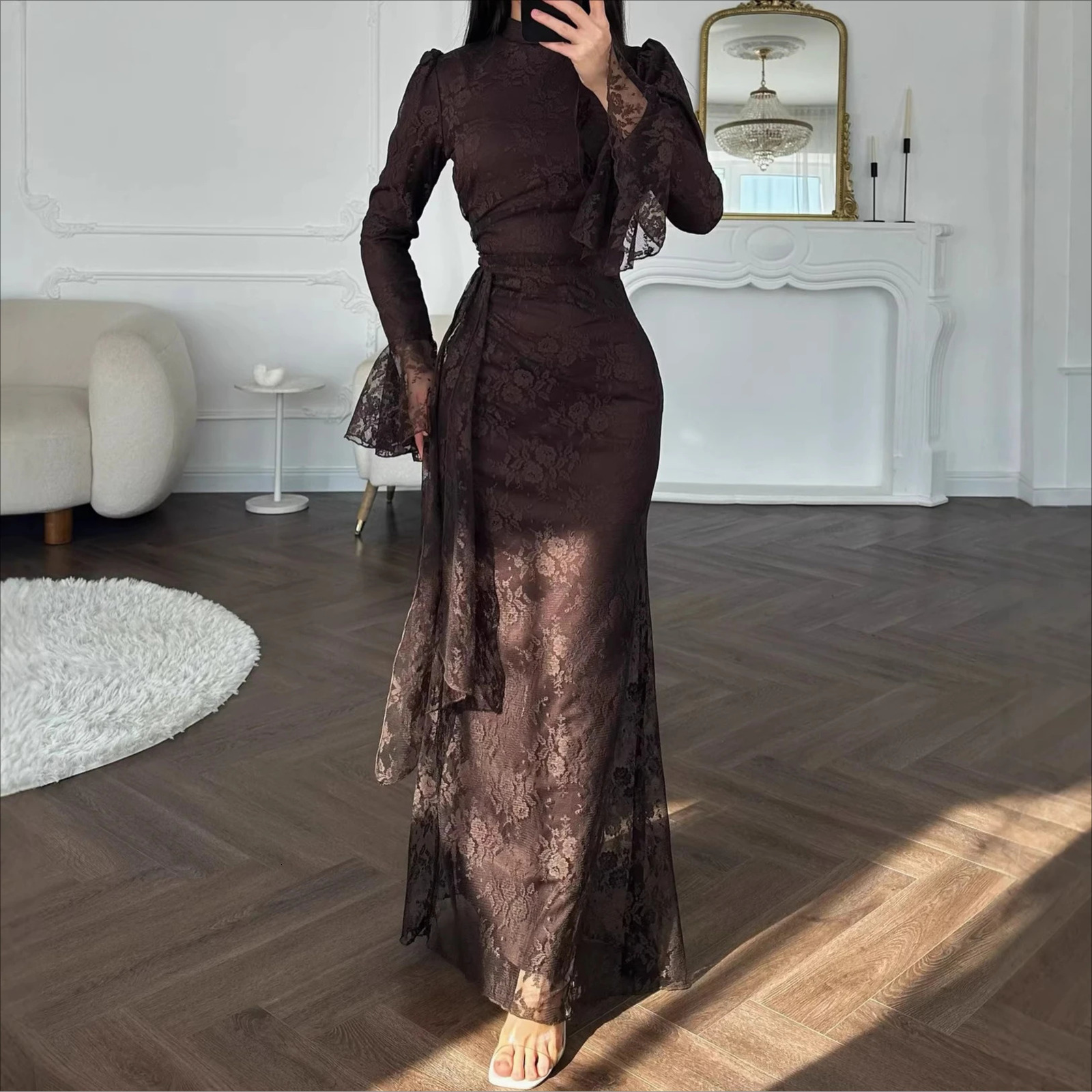 Women Lace Fitted Dresses Solid Evening Dress H Line Ankle Lenth Bell Sleeve Waist Cinch Slim Fit Party Sexy Elegant 2026 Summer 260922