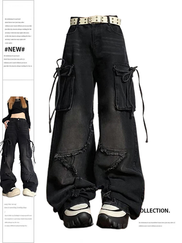 Women's Black Gothic Baggy Cargo Jeans with Star Harajuku Y2k 90s Aesthetic Denim Trousers Emo 2000s Jean Pants Vintage Clothes 260921