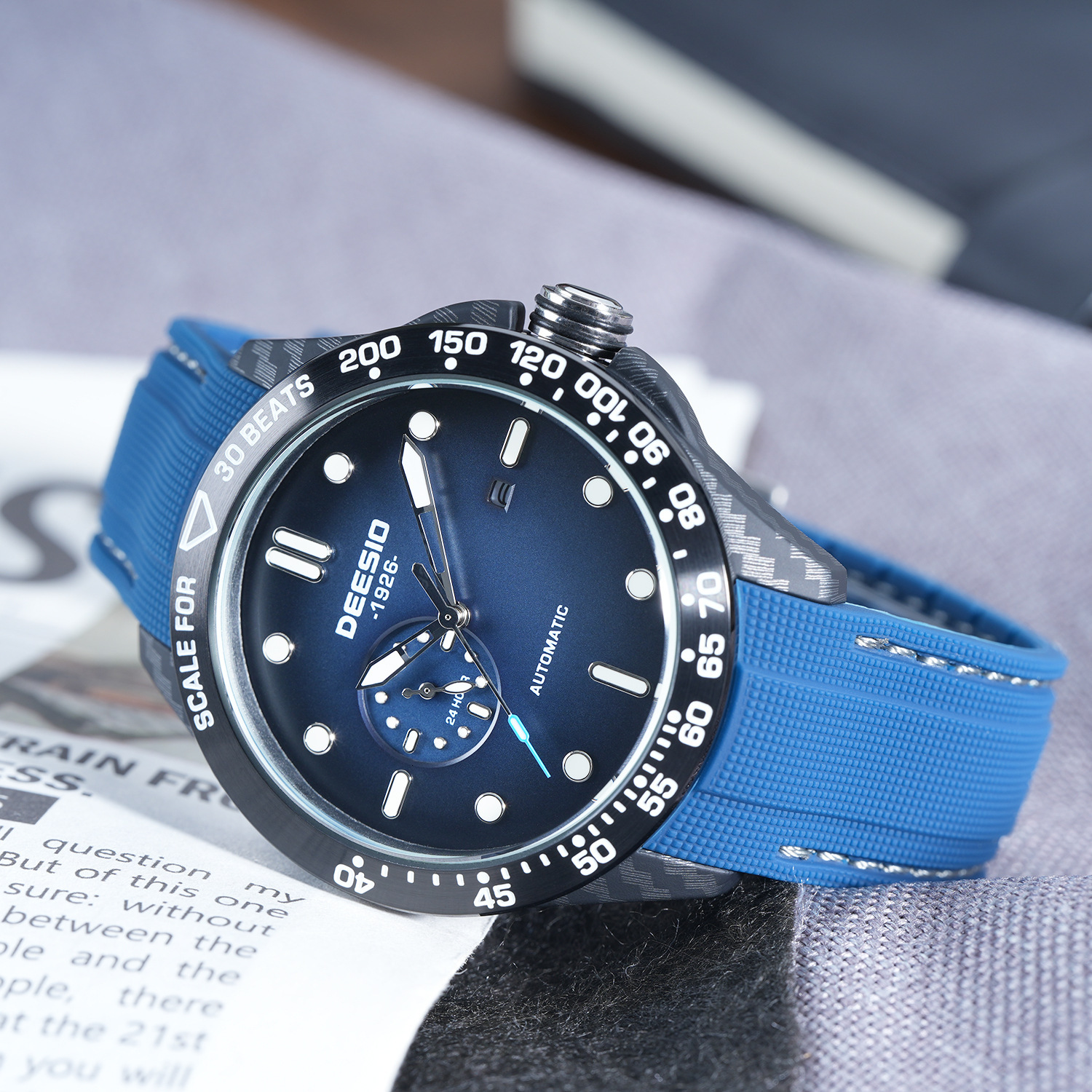 Men Automatic Watch Carbon Fiber Case Silicone Strap Tachymeter Date Luminous Waterproof Sport