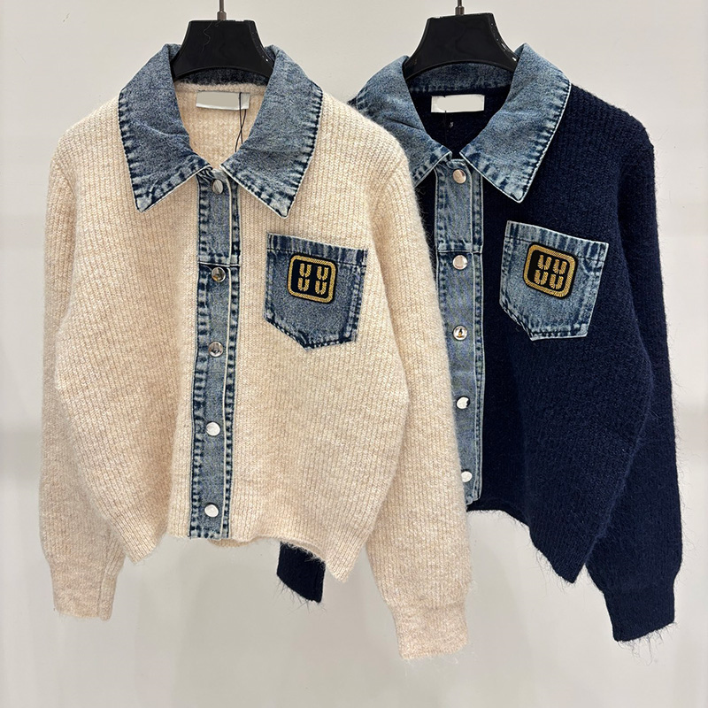 Women Denim Collar Knit Cardigans Embroidery Patch Pocket Long Sleeve Cardigans Autumn Preppy Korean Style Knitted Coats for Women