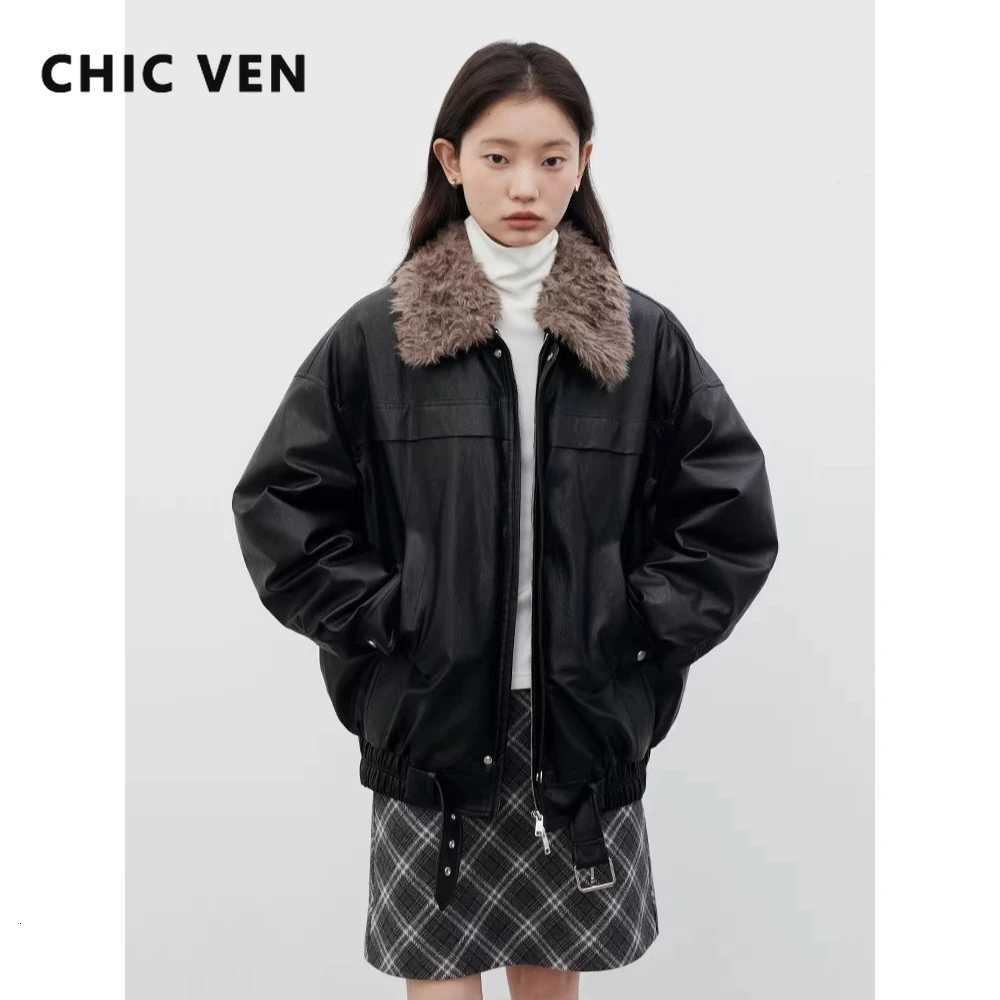 Leather Faux Women's Leather CHIC VEN New Women Faux Leather Coats Loose Solid PU Jacket Female Down Jacket 90 White Duck Down Jacket Autumn Wi