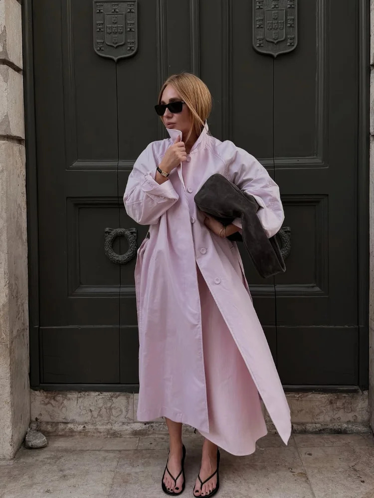 Casual Solid Stand Long Windbreaker Women Pink Full Sleeve Belt Split Outwear Female 2026 Autumn Winter Lady Trench Coat Chic 260921
