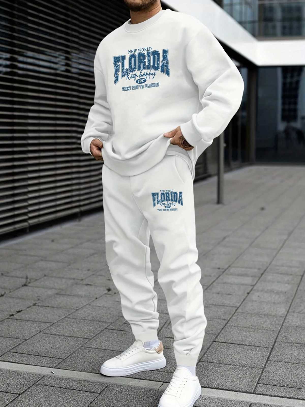 Tracksuits Florida Print Men's Men's Hoodie Set Fashionable Warm Round Neck Leisure Loose Joggers Autumn Fleece Men's Set J260921