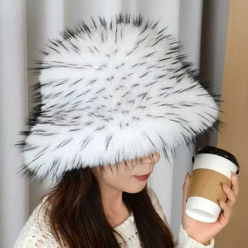 fur New raccoon Autumn/Winter dome faux brim bucket hat light luxury warm windproof outdoor women's vacation casual Panama hat M260921