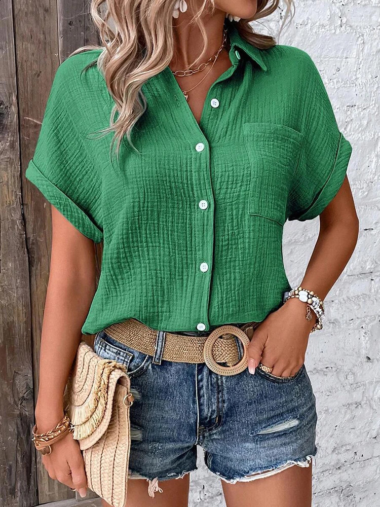 Women Casual Cotton Blouse Vintage Summer Short Sleeve Slim Shirt Elegant Turn Down Collar Solid Tunics Harajuku Streetwear Tops 260921