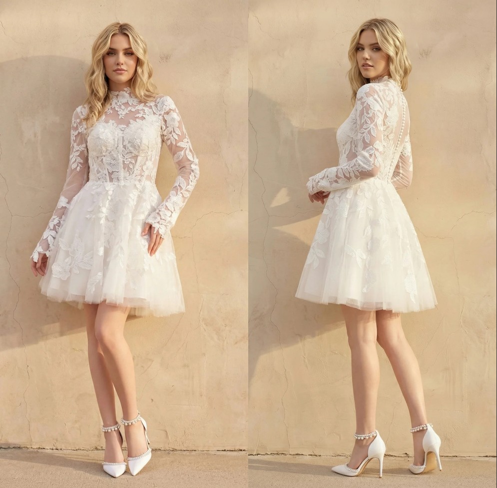 Romantic White Lace Mini Bridal Dress High Neck Long Sleeves 3D Floral Applique Sheer Corset Top A Line Tulle Short Wedding Gown for Bridal Shower R