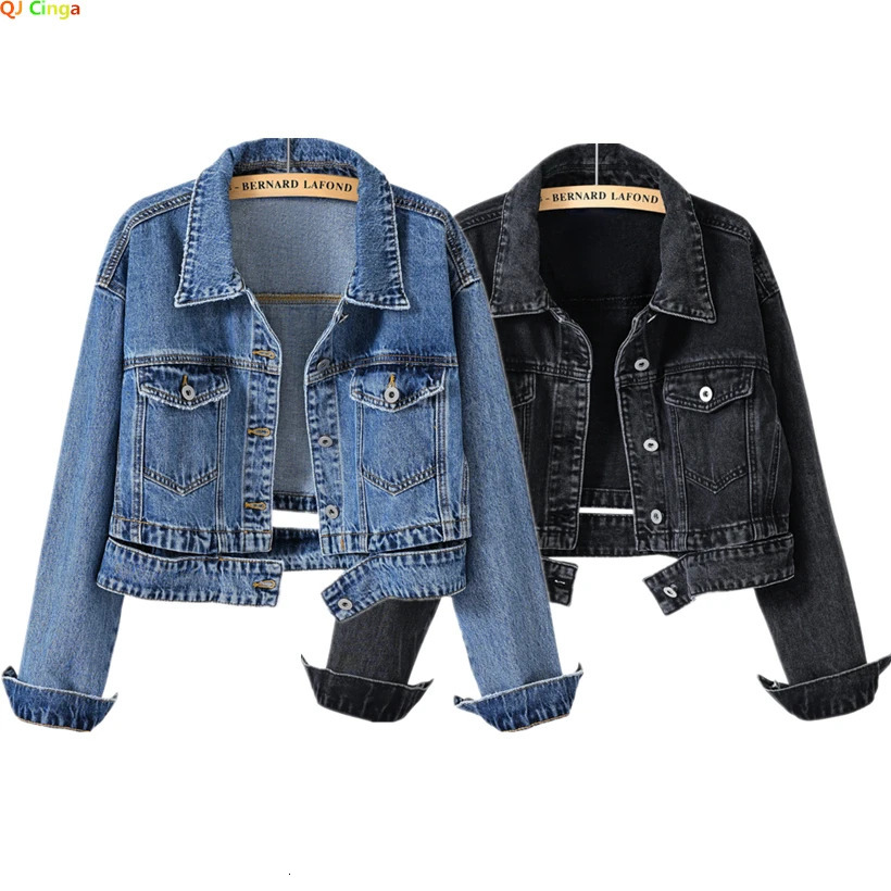 2026 Women's Blue Shorts Denim Jacket Fashion Casual Coat Black Lapel Singlebreasted Longsleeved Female Overcoat SXXXL 260921