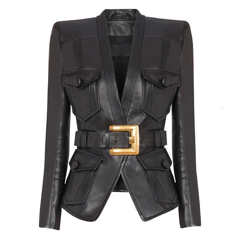 Faux Women's Leather Leather 2026 new luxury and fashionable women's clothing belt slim fit leather jacket with multiple pockets motorcycl